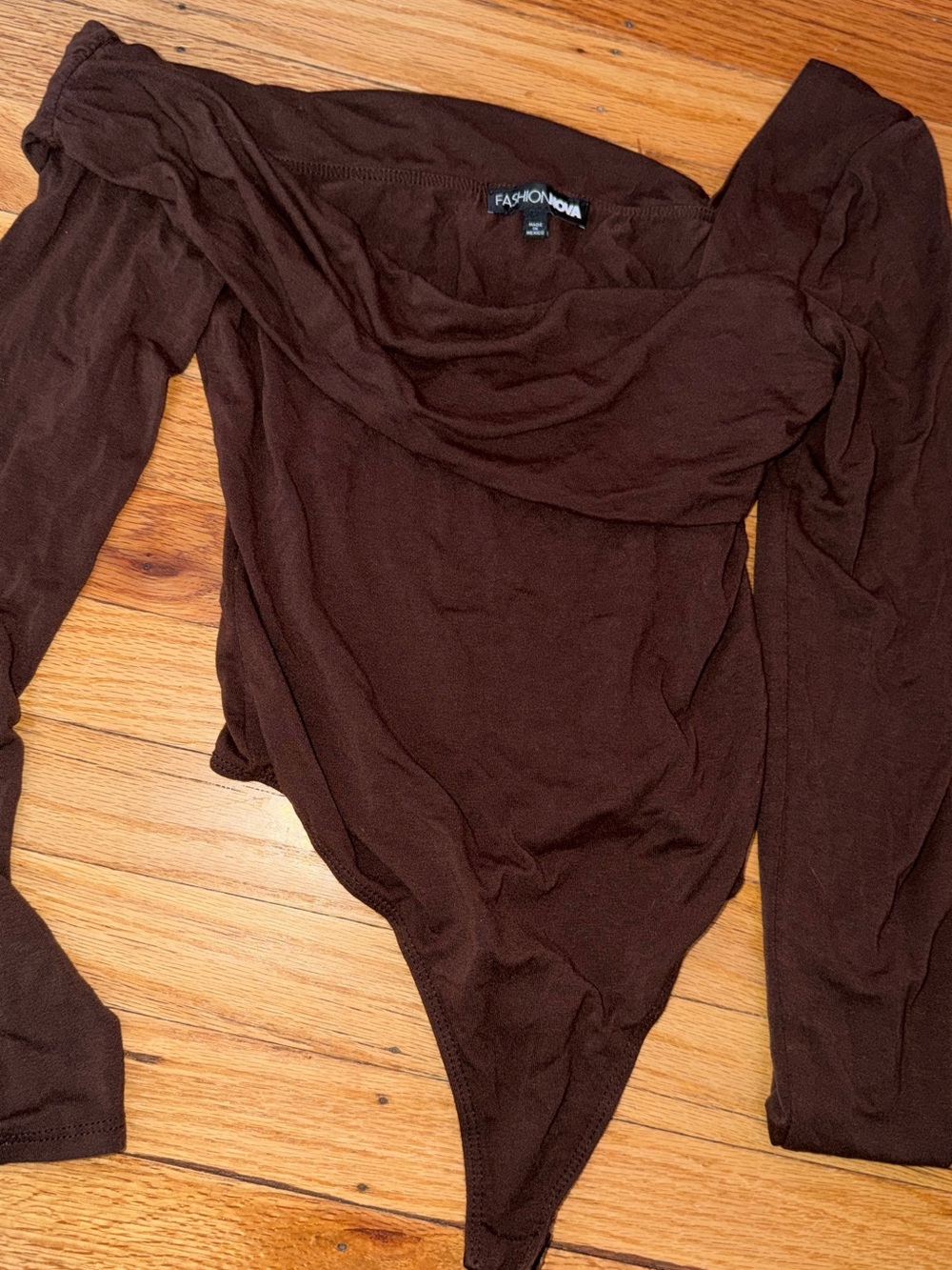 Fashion Nova Brown Off-Shoulder Long Sleeve Bodysuit